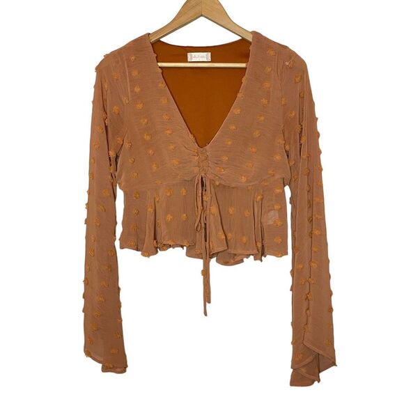 Altar'd State Tops - ALTAR’D STATE Textured Swiss Dot Long Bell Sleeve Peplum Cropped Top